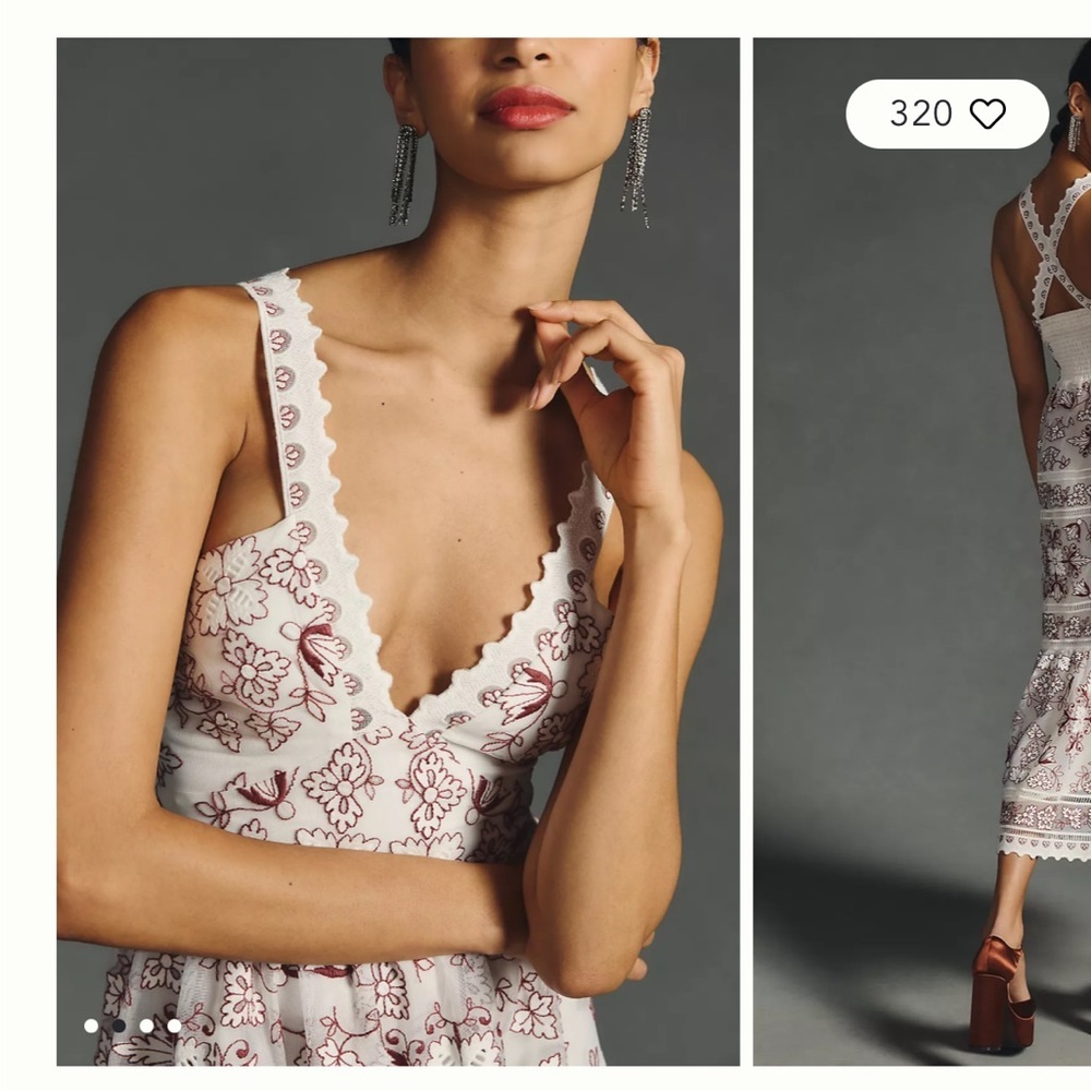 Anthropologie Embroidered Halter Midi Dress White & Burgundy Floral Size M - Picture 3 of 10
